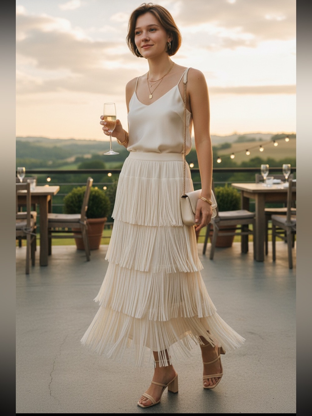 Insight Brass Monkey  Cream Tiered Fringe Maxi Skirt New with Tags Low Priced